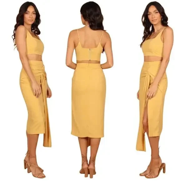 SNDYS Petal and Pup Yellow Zanita 2 Piece Tank and Twist Waist Midi Skirt Medium - Picture 2 of 8